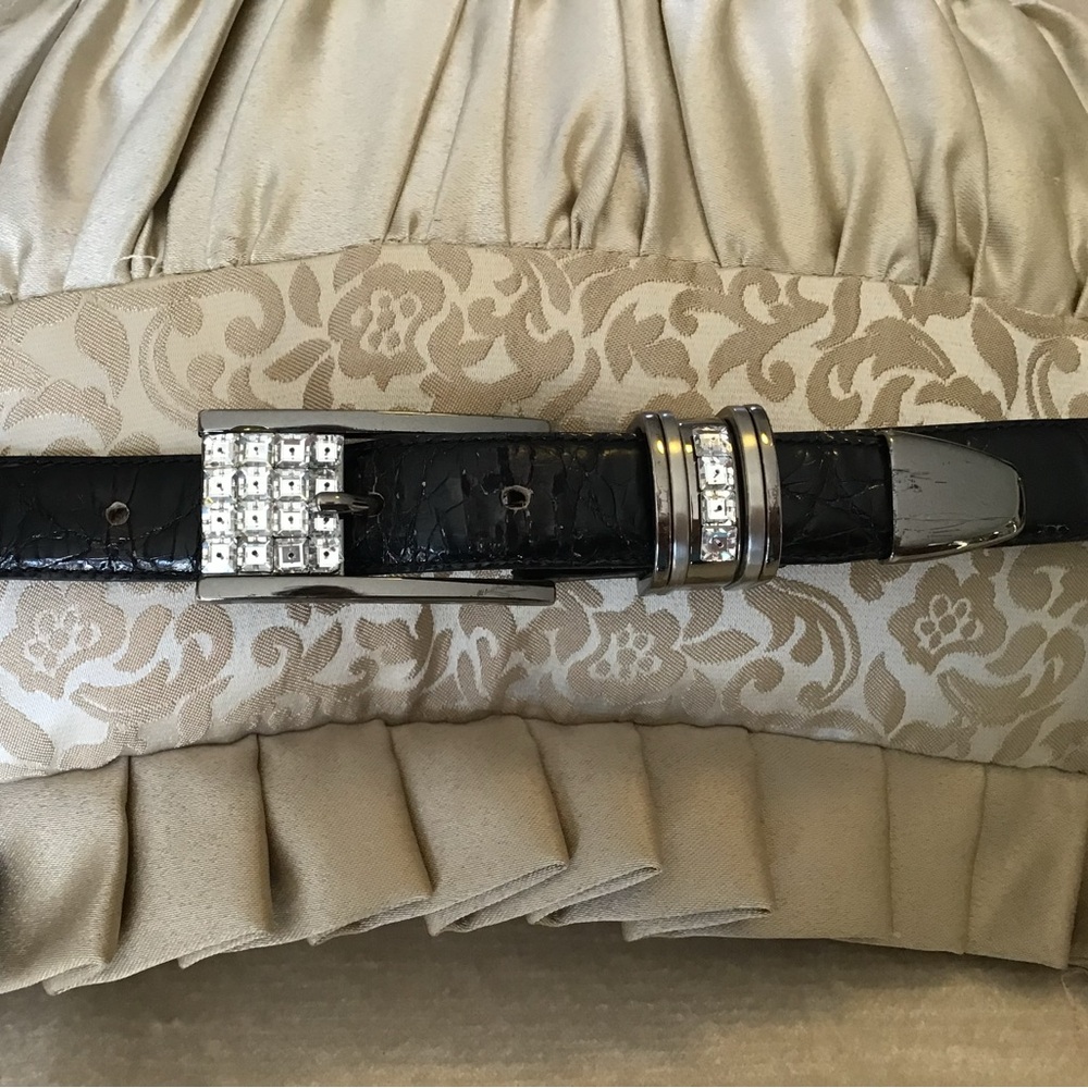 Crystal-Embellished Patent Leather Belt Buckle - Black & Silver
